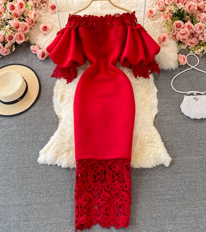 Retro French style waisted hip dress long skirt lace one-shoulder off-shoulder lantern sleeve dress R0383