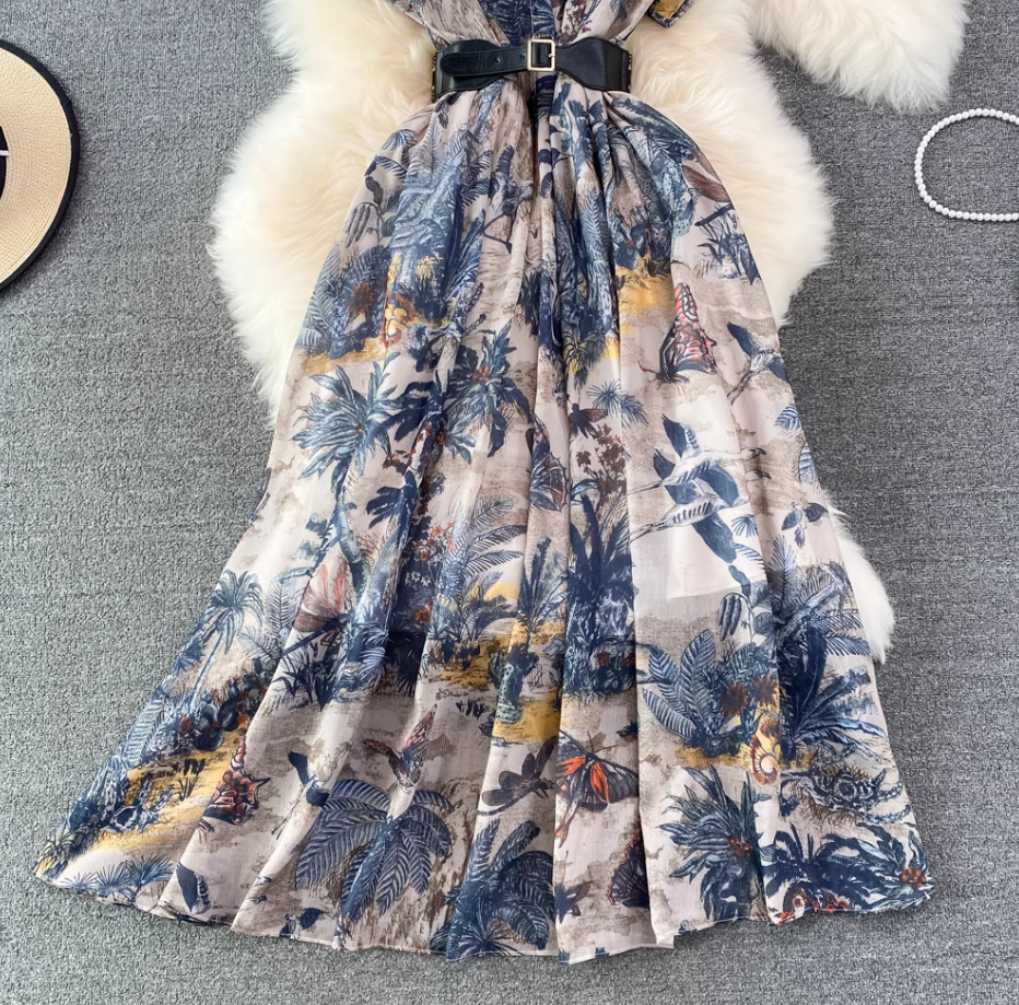 2025 socialite temperament ink painting print waist lapel single-breasted A-line big swing dress R0341