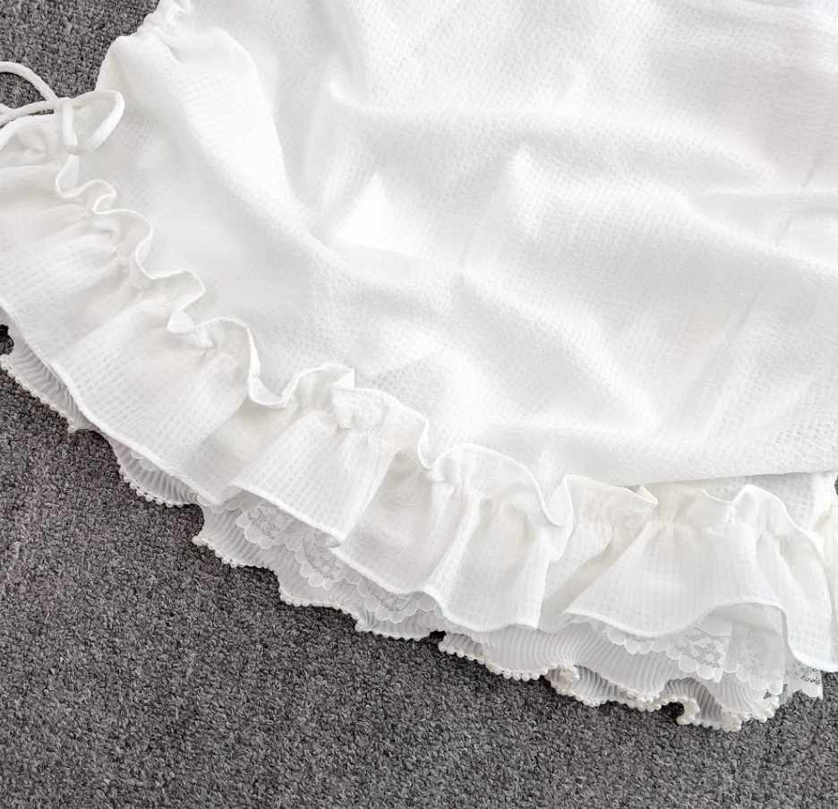 First love girl doll collar ruffled short shirt two-piece suit high waist hip skirt small size R0394