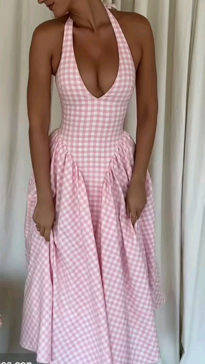 Pink Halter A-Line Long Party Dress Lovely Birthday Outfits, D188