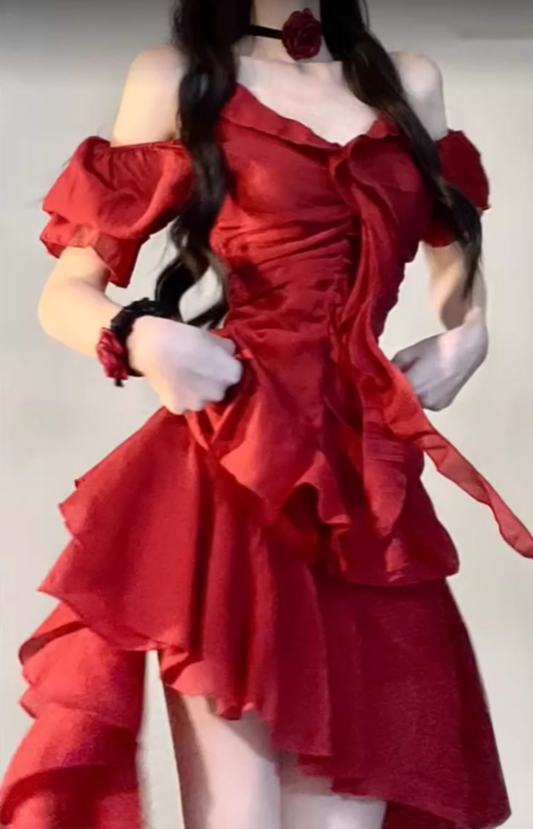 Beautiful dress French style high-end niche design off-shoulder irregular waist small red dress R0415