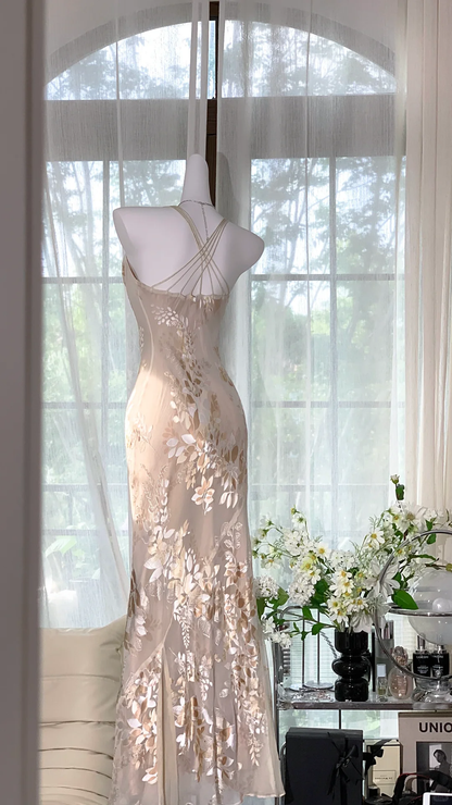 Elegant Mermaid Long Chiffon Spaghetti Strap Luxury Evening Dress Prom Dresses D1498