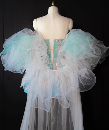 Lake blue gradient pink embroidered tube top waist slimming A-line short skirt homecoming dress R4163
