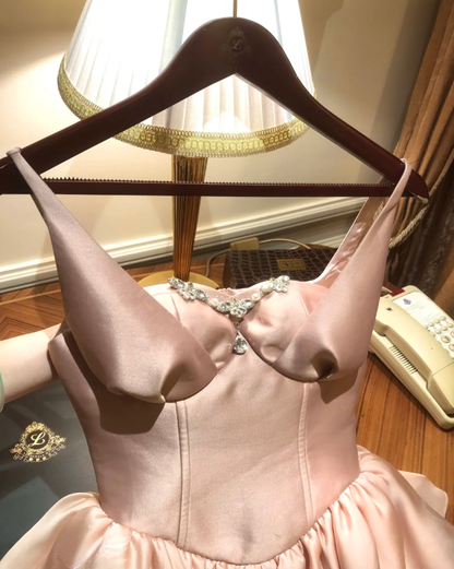Pink suspender design neckline waist cake puffy skirt homecoming dress R4149