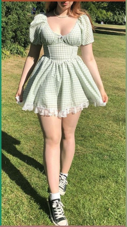 Light green checkered puff sleeves slim waist cute short skirt homecoming dress R3974