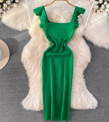 Flying sleeve suspender dress, elegant waist-length knitted hip-wrapped dress R0333