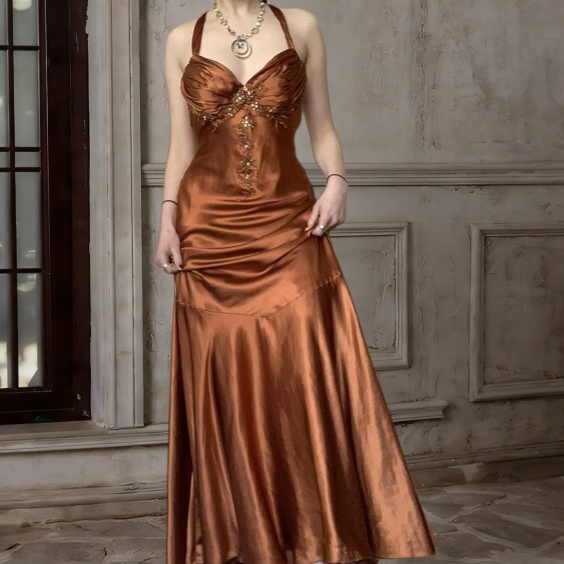 Halter A Line Satin Long Prom Dress Vintage Formal Party Dress      fg5843