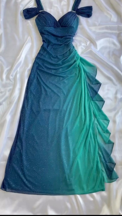 Shiny Blue Spaghetti Straps Ruffles Vintage Long Party Dress MD7390