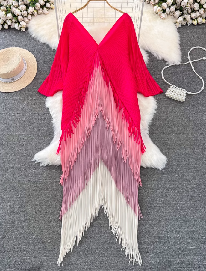 Temperament Sanyake pleated long-sleeved V-neck backless loose tassel gradient color irregular dress R0402