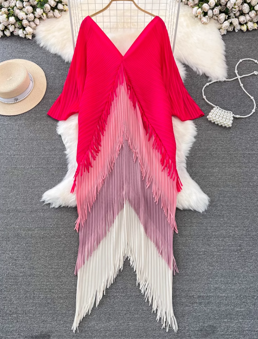 Temperament Sanyake pleated long-sleeved V-neck backless loose tassel gradient color irregular dress R0402