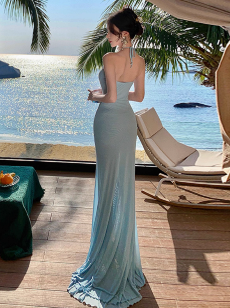Gentle holiday style backless halter neck long skirt three-dimensional flower tail dress dress R0245