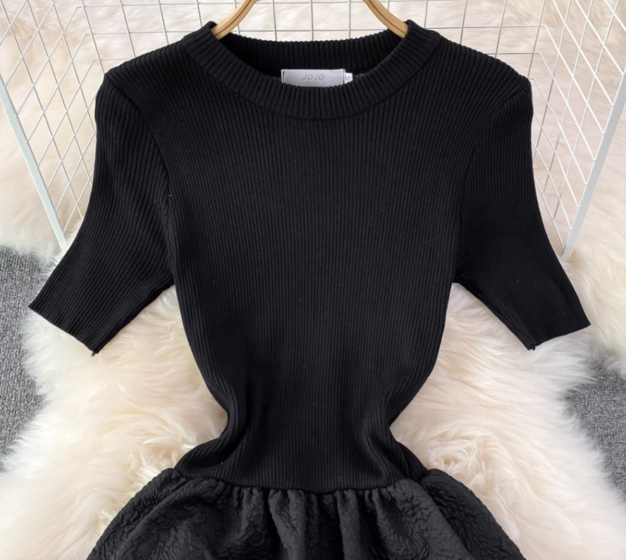 New round neck knitted waist slimming A-line jacquard dress elegant temperament long skirt R0362