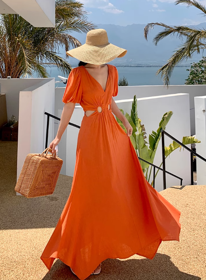 Orange V-neck French puff sleeve dress Hot girl hollow waist design high-end seaside holiday dress R0202