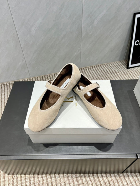 The Row 2025 Round Toe Ballet Flat Beige Suede Fleece 540490