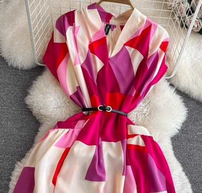 Beach vacation long dress gentle style short sleeves V-neck waist medium length A-line plaid dress R0358