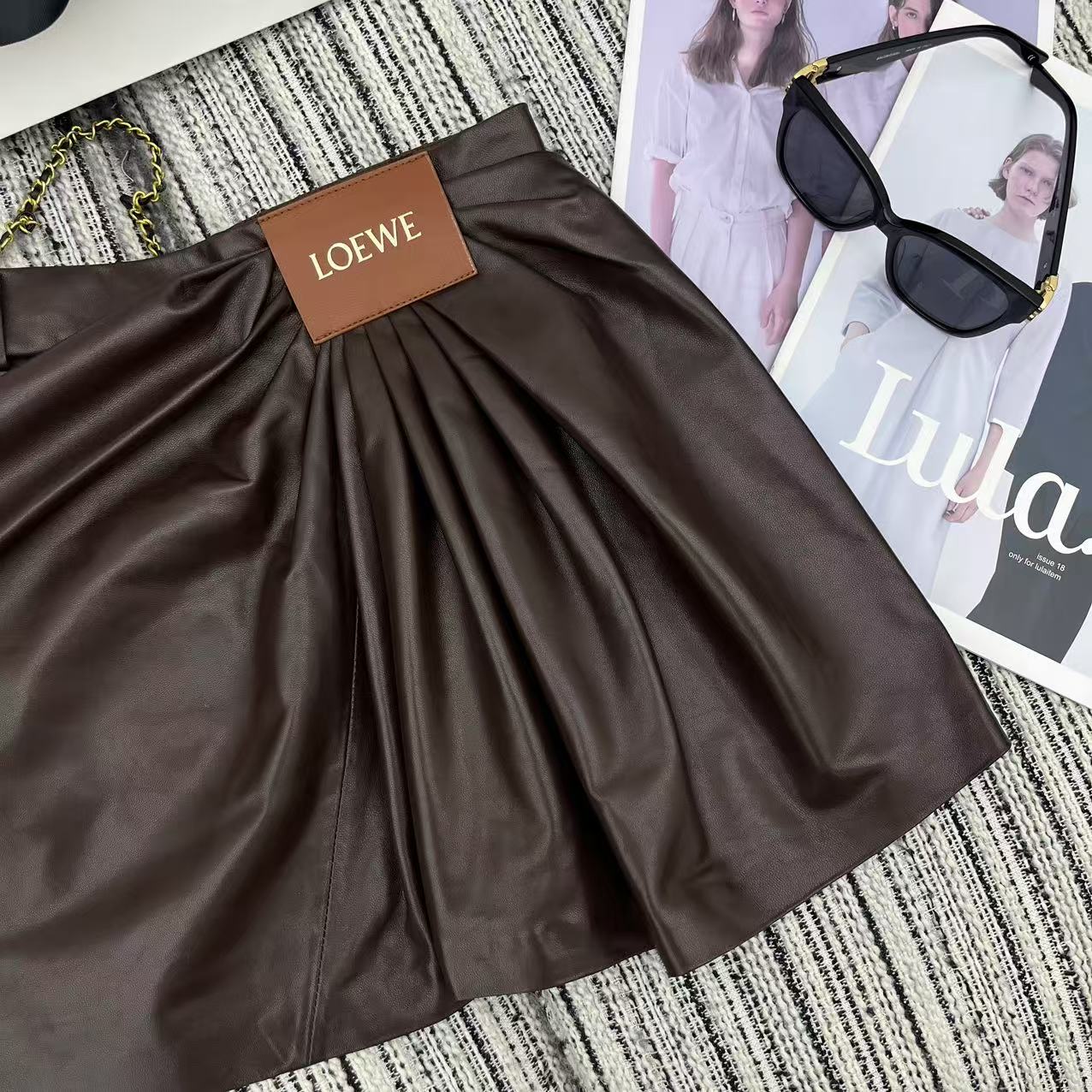 Loewe Draped Midi Skirt Brown Nappa Leather 348569