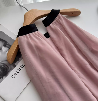 Classic pink and black halter neck dress gentle temperament skirt long skirt for women R0293