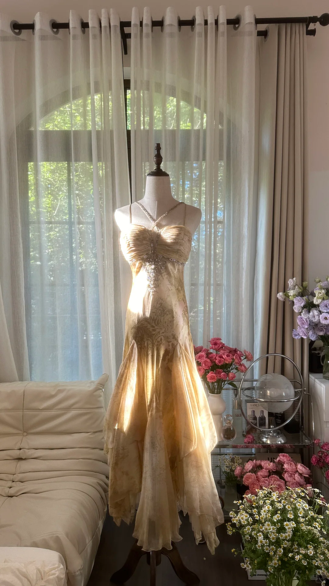 Retro Sweetheart Mermaid Spaghetti Strap Design A-line Romantic Chiffon Evening Dress Prom Dress D1481
