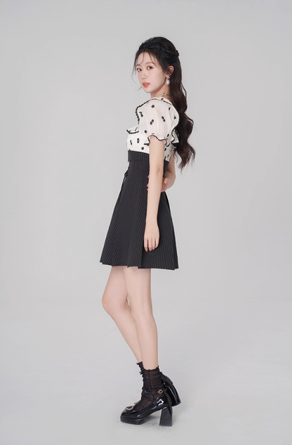 Tea break French dress puff sleeve A-line skirt new style high waist embroidered short skirt R4499