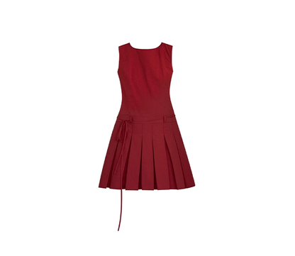 French retro little red dress with hollow back and tie-up pleated sleeveless vest dress R0037