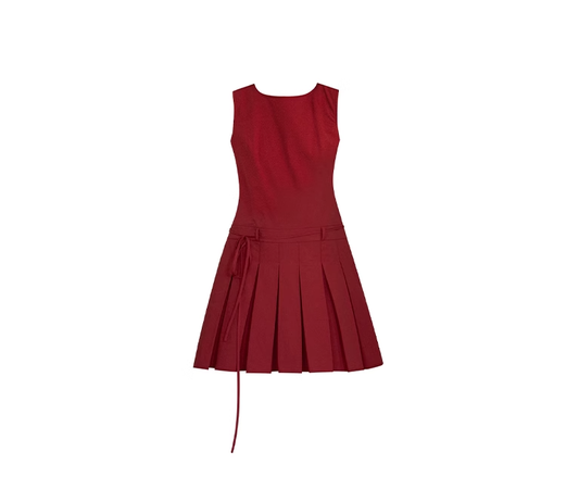 French retro little red dress with hollow back and tie-up pleated sleeveless vest dress R0037