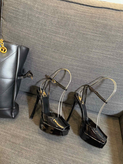 LA SCANDALE PLATFORM SANDALS IN BLACK GLOSSY CALFSKIN