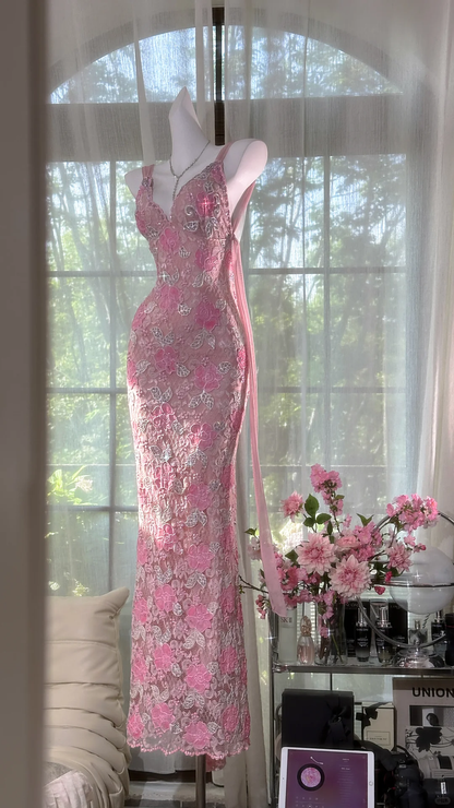Vintage Gorgeous Pink Floral V-neck Applique Elegant Chiffon Long Evening Dress Prom Dresses D1607