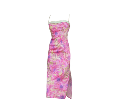 Tea break French niche design silk floral patchwork contrast color slim high waist suspender dress R0174
