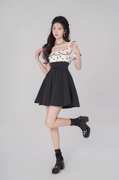 Tea break French dress puff sleeve A-line skirt new style high waist embroidered short skirt R4499
