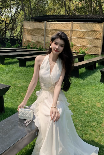 Gentle temperament ruffled V-neck halter dress beautiful waist A-line long skirt R0787