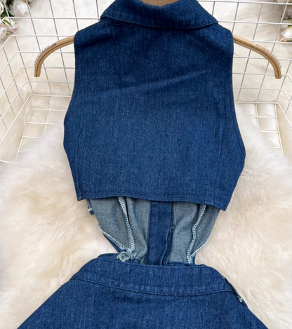 Retro lapel hollow exposed waist waist slimming sleeveless single-breasted A-line split denim dress R0375