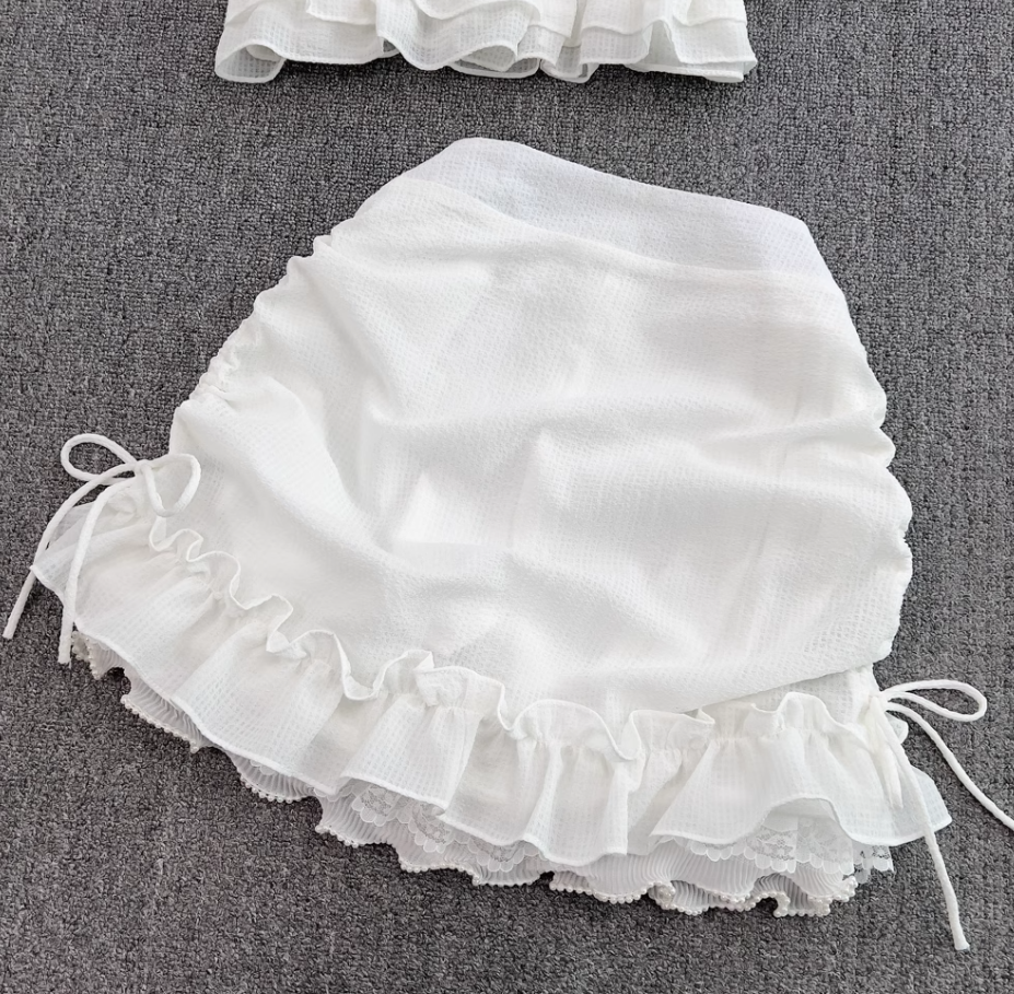 First love girl doll collar ruffled short shirt two-piece suit high waist hip skirt small size R0394