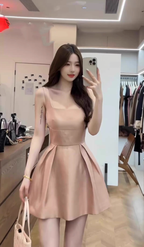 Gentle and elegant pink square neck suspender dress with waist A-line short skirt R0487