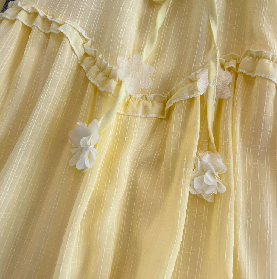 Gentle forest style fairy yellow suspender dress for women new style temperament loose slim long skirt R0332