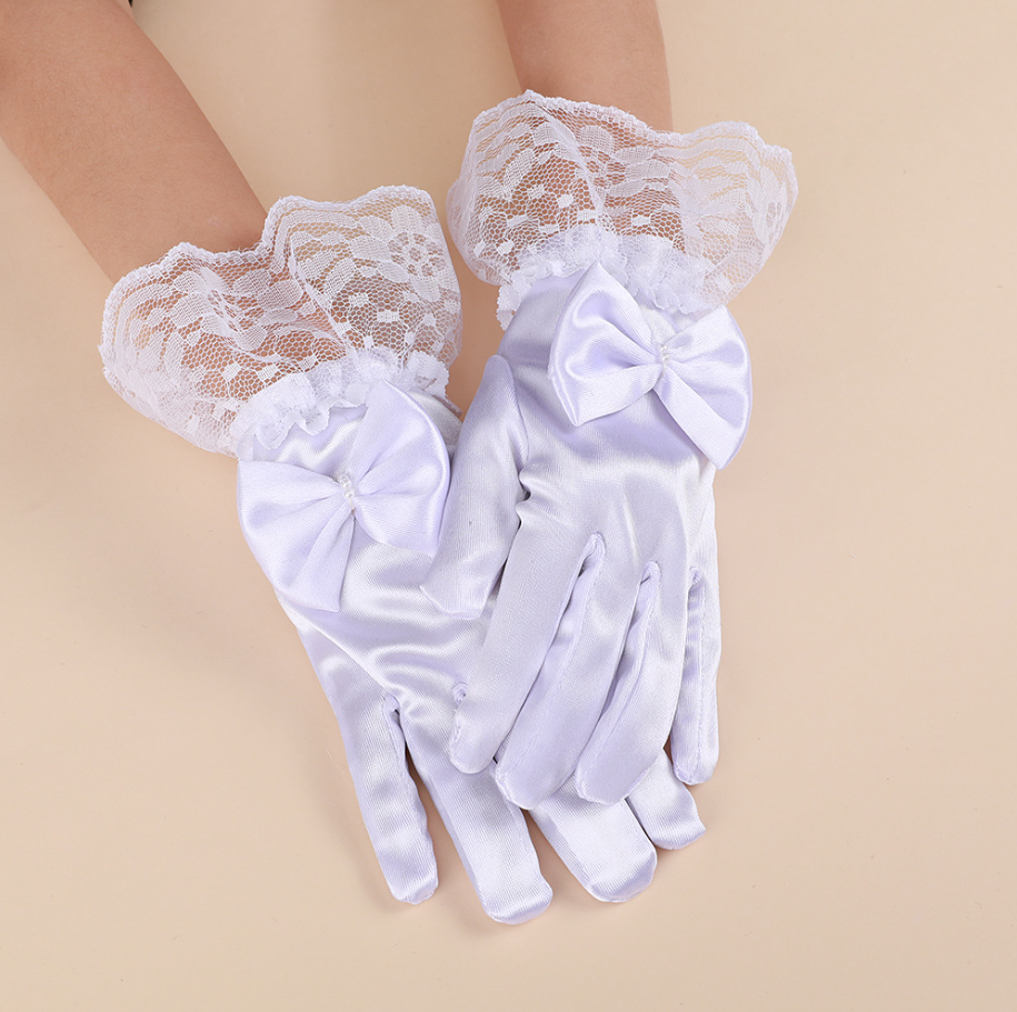 Children's bow gloves bride wedding flower girl lace lace satin student performance dress gloves     S6270