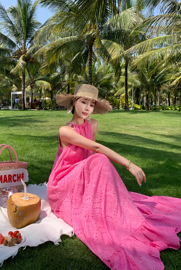 French lace hollow rose red sleeveless halter neck temperament long dress holiday style dress R0198