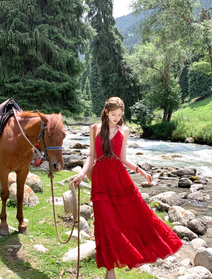 Red long v-neck off-shoulder waist halter dress summer French temperament sexy skirt R4579