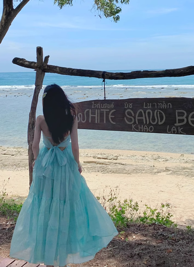 Mint Mambo Beach Resort Dress Halter Neck Dress Temperament Swing Skirt R0209