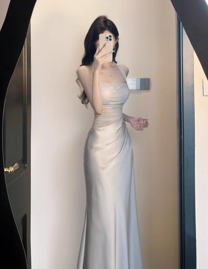 French style mesh hollow off-shoulder halter dress high-grade acetate satin waist slim hip skirt summer R0432