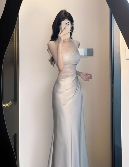 French style mesh hollow off-shoulder halter dress high-grade acetate satin waist slim hip skirt summer R0432