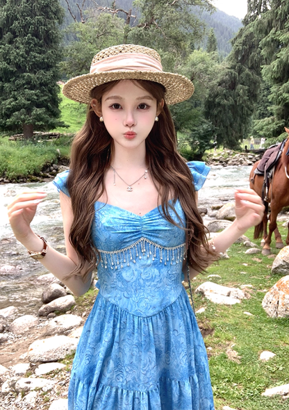 Long blue oil painting rose backless suspender dress for women summer French style skirt R4658