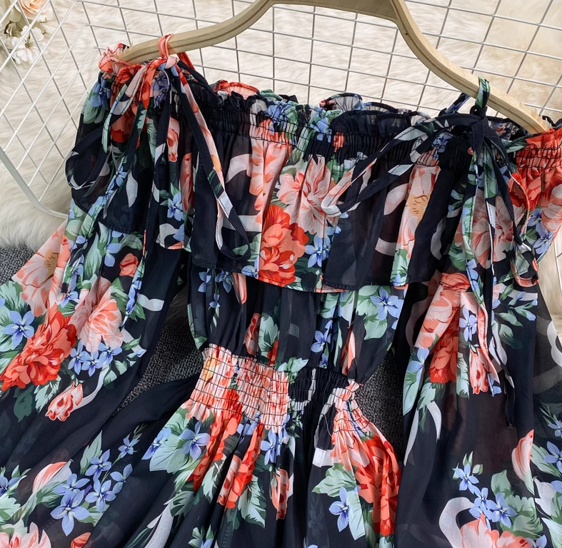 Holiday one-shoulder off-shoulder printed chiffon jumpsuit skirt super fairy wide-leg pants jumpsuit R0380