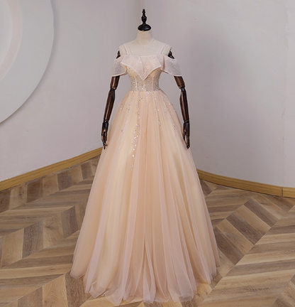 Elegant Champagne One-Shoulder Tulle Long Ball Gown Evening Dresses Sweet 16 Dresses