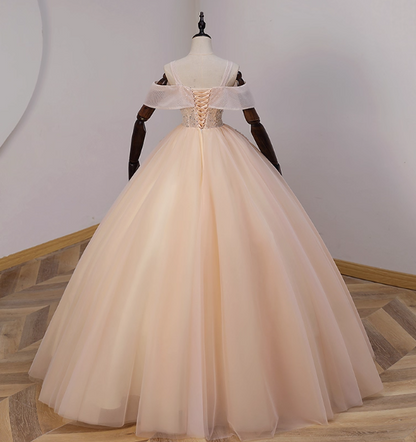 Elegant Champagne One-Shoulder Tulle Long Ball Gown Evening Dresses Sweet 16 Dresses