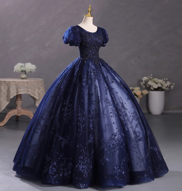 Elegant Court Navy Blue Crew Neck Puff Sleeve Embroidered Tulle Ball Gown Evening Dresses Sweet 16 Dresses
