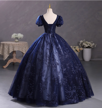 Elegant Court Navy Blue Crew Neck Puff Sleeve Embroidered Tulle Ball Gown Evening Dresses Sweet 16 Dresses