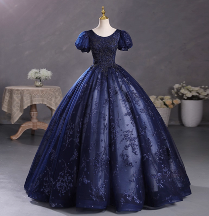 Elegant Court Navy Blue Crew Neck Puff Sleeve Embroidered Tulle Ball Gown Evening Dresses Sweet 16 Dresses