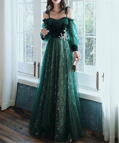Elegant Dark Green Lace Gowns Prom Dresses,