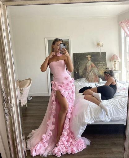3D Flowers Prom Dress Strapless Split A-Line Dubai Arabia Women Prom Gown Prom Special Occasion Dresses Vestidos