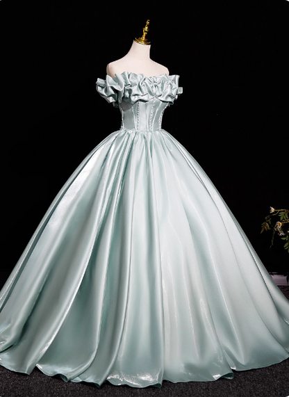 Elegant Mint Light Green Off-The-Shoulder Satin Ball Gown Evening Dresses Sweet 16 Dresses